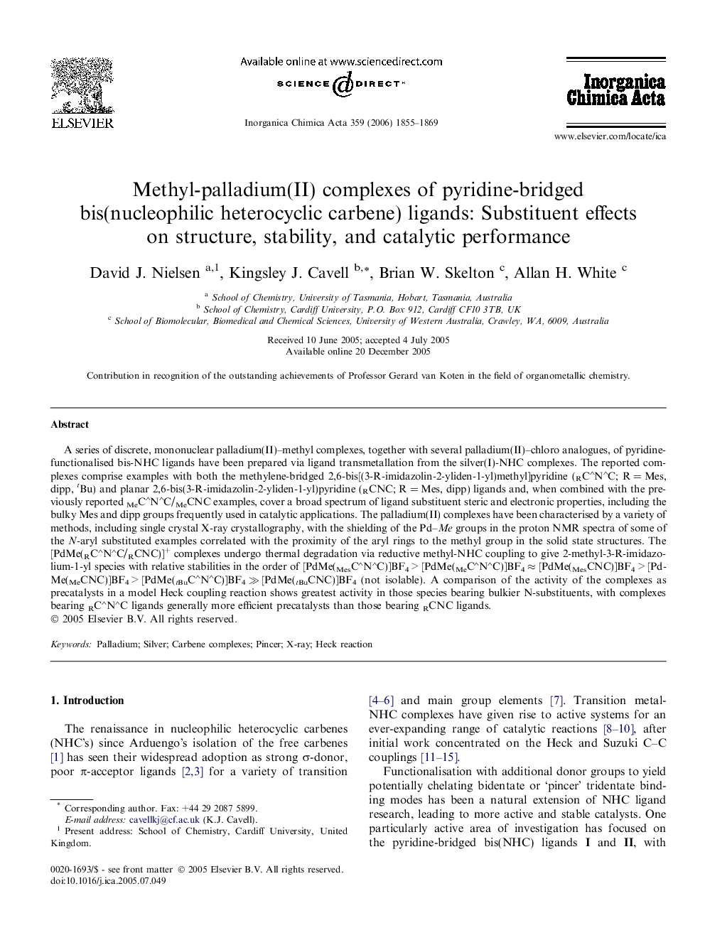 Methyl-palladium(II) complexes of pyridine-bridged bis(nucleophilic heterocyclic carbene) ligands: Substituent effects on structure, stability, and catalytic performance