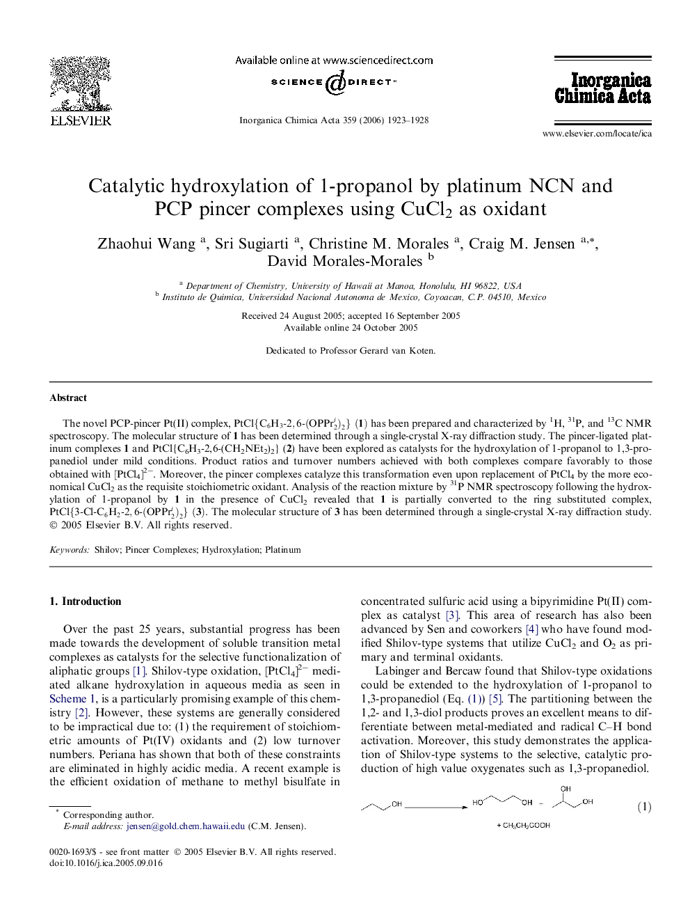 Catalytic hydroxylation of 1-propanol by platinum NCN and PCP pincer complexes using CuCl2 as oxidant