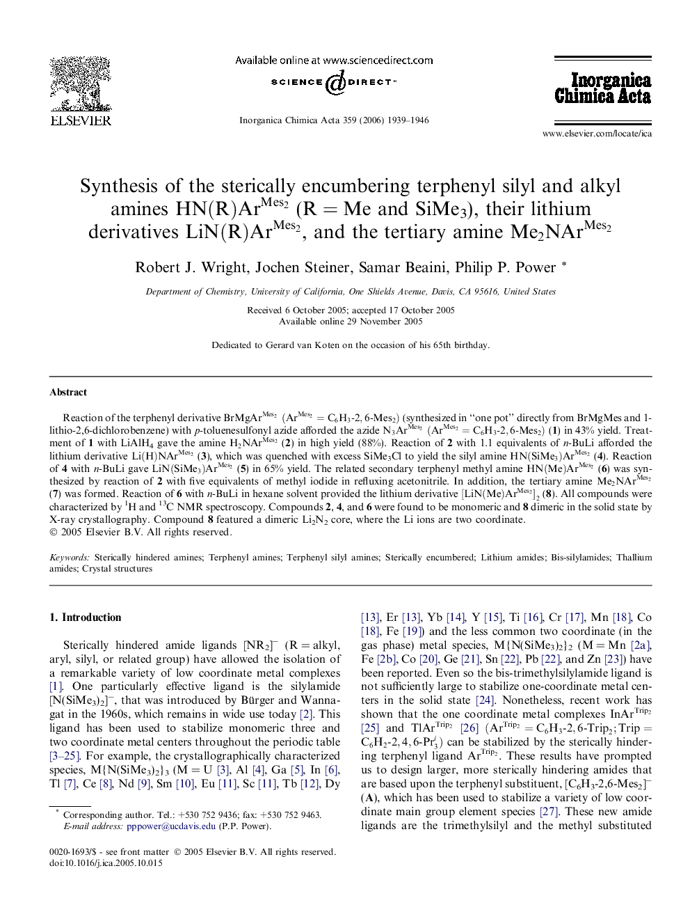 عکس صفحه اول مقاله: Synthesis of the sterically encumbering terphenyl silyl and alkyl amines HN(R)ArMes2HN(R)ArMes2 (R = Me and SiMe3), their lithium derivatives LiN(R)ArMes2LiN(R)ArMes2, and the tertiary amine Me2NArMes2Me2NArMes2 Synthesis of the sterically encumbering terphenyl silyl and alkyl amines HN(R)ArMes2HN(R)ArMes2 (R = Me and SiMe3), their lithium derivatives LiN(R)ArMes2LiN(R)ArMes2, and the tertiary amine Me2NArMes2Me2NArMes2