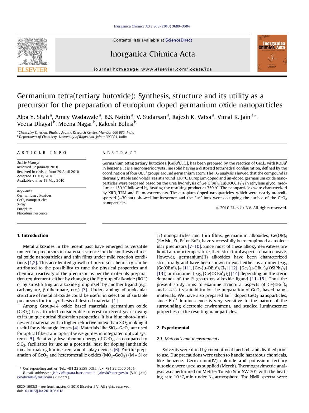 Germanium tetra(tertiary butoxide): Synthesis, structure and its utility as a precursor for the preparation of europium doped germanium oxide nanoparticles