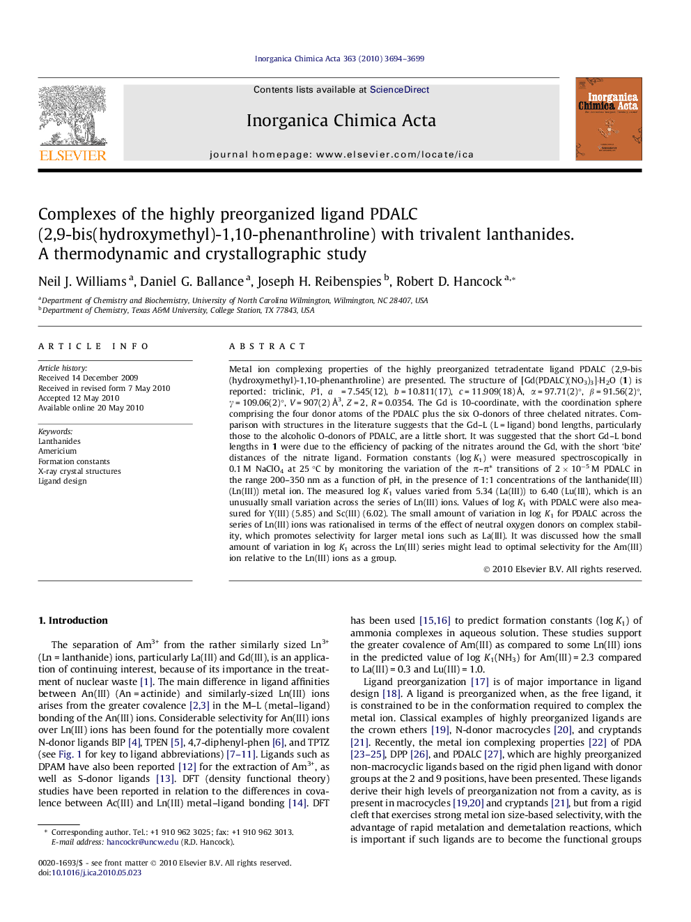 Complexes of the highly preorganized ligand PDALC (2,9-bis(hydroxymethyl)-1,10-phenanthroline) with trivalent lanthanides. A thermodynamic and crystallographic study