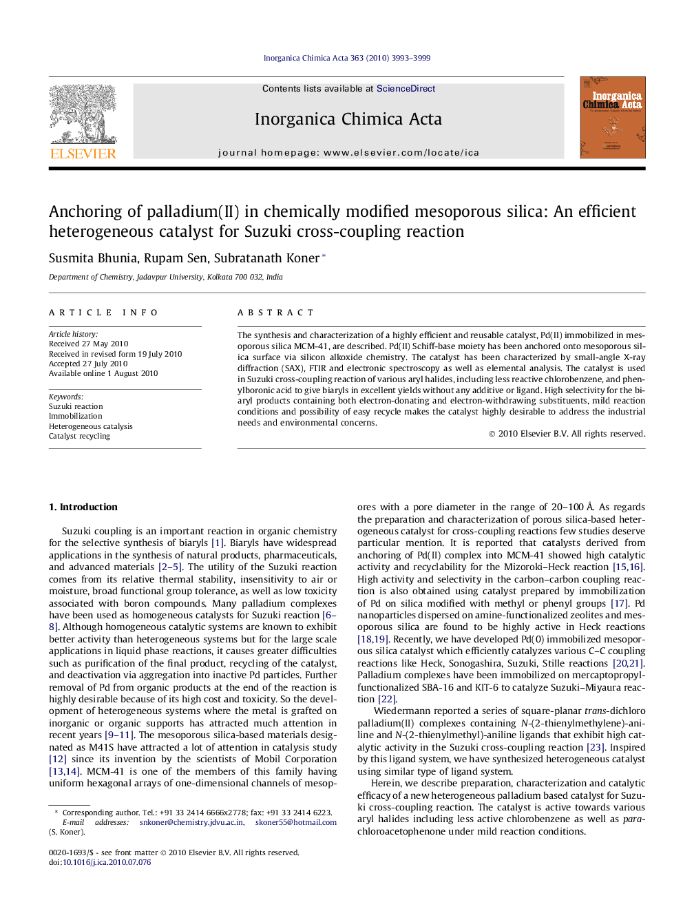 Anchoring of palladium(II) in chemically modified mesoporous silica: An efficient heterogeneous catalyst for Suzuki cross-coupling reaction