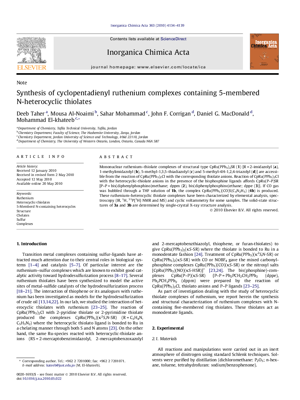 عکس صفحه اول مقاله: Synthesis of cyclopentadienyl ruthenium complexes containing 5-membered N-heterocyclic thiolates Synthesis of cyclopentadienyl ruthenium complexes containing 5-membered N-heterocyclic thiolates