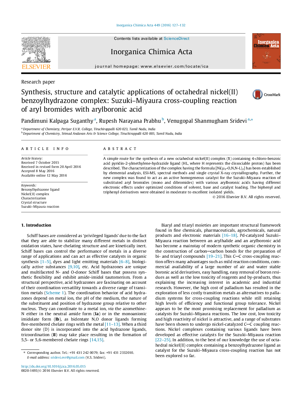 Synthesis, structure and catalytic applications of octahedral nickel(II) benzoylhydrazone complex: Suzuki–Miyaura cross-coupling reaction of aryl bromides with arylboronic acid