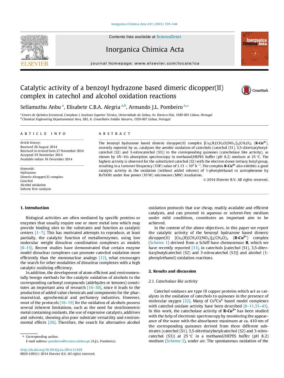 Catalytic activity of a benzoyl hydrazone based dimeric dicopper(II) complex in catechol and alcohol oxidation reactions