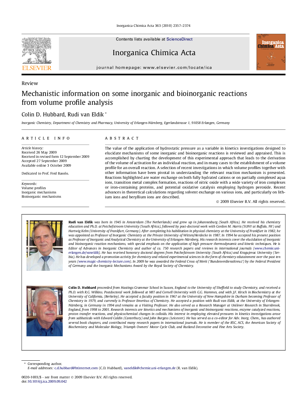 Mechanistic information on some inorganic and bioinorganic reactions from volume profile analysis