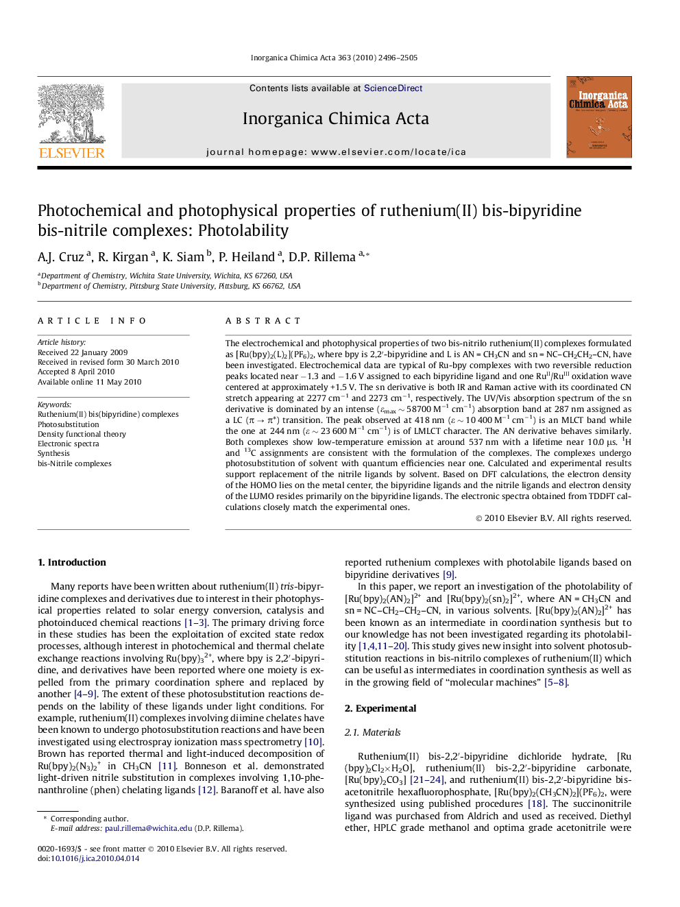 Photochemical and photophysical properties of ruthenium(II) bis-bipyridine bis-nitrile complexes: Photolability