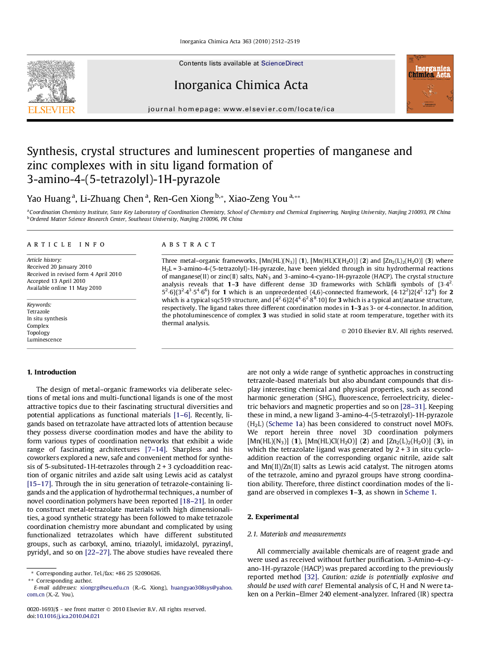 Synthesis, crystal structures and luminescent properties of manganese and zinc complexes with in situ ligand formation of 3-amino-4-(5-tetrazolyl)-1H-pyrazole