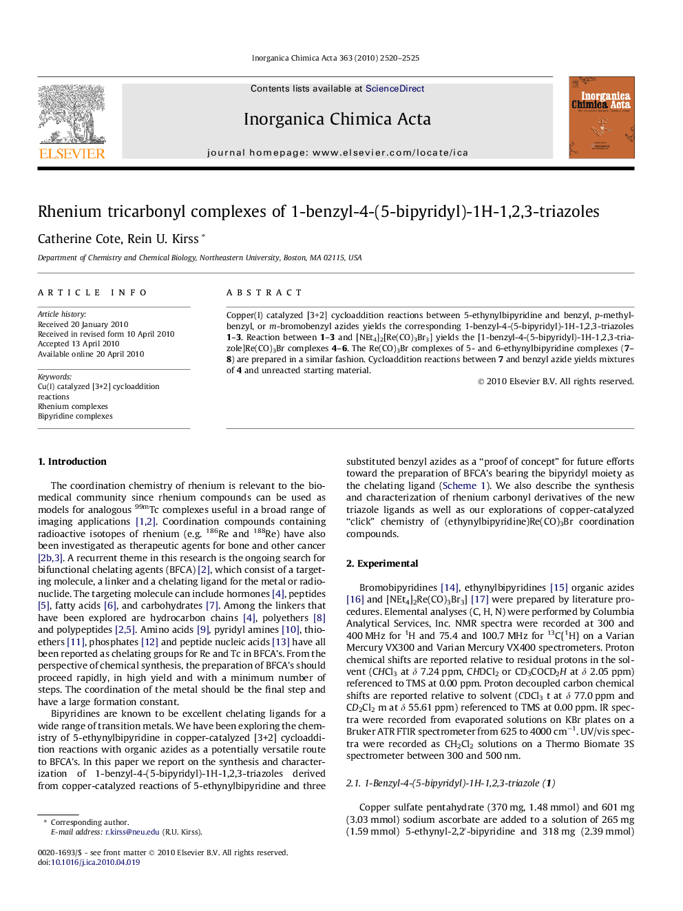 Rhenium tricarbonyl complexes of 1-benzyl-4-(5-bipyridyl)-1H-1,2,3-triazoles