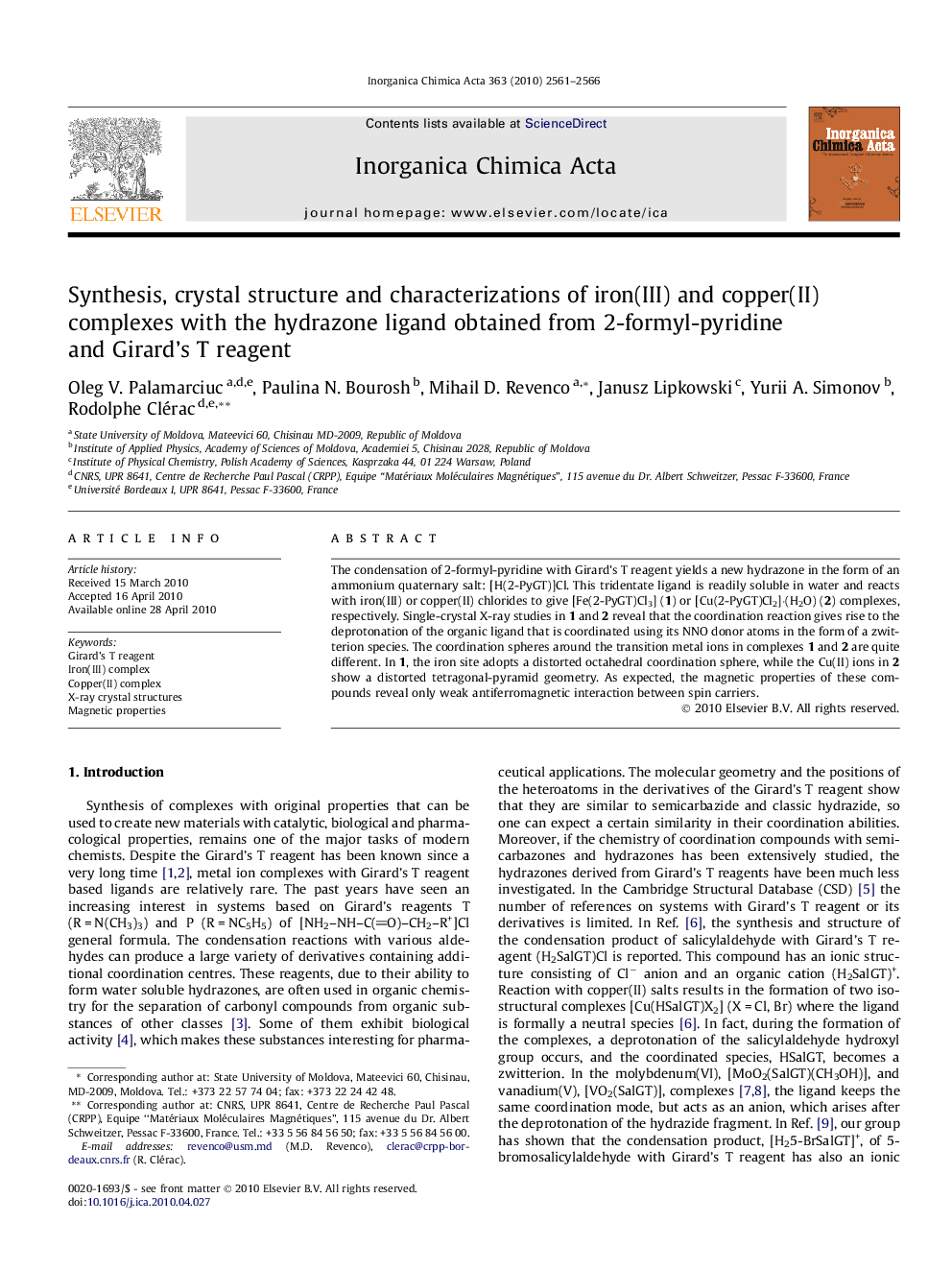 Synthesis, crystal structure and characterizations of iron(III) and copper(II) complexes with the hydrazone ligand obtained from 2-formyl-pyridine and Girard’s T reagent