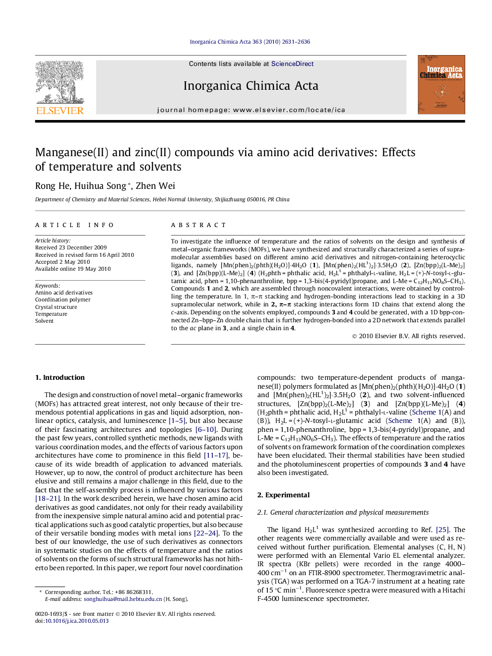 Manganese(II) and zinc(II) compounds via amino acid derivatives: Effects of temperature and solvents