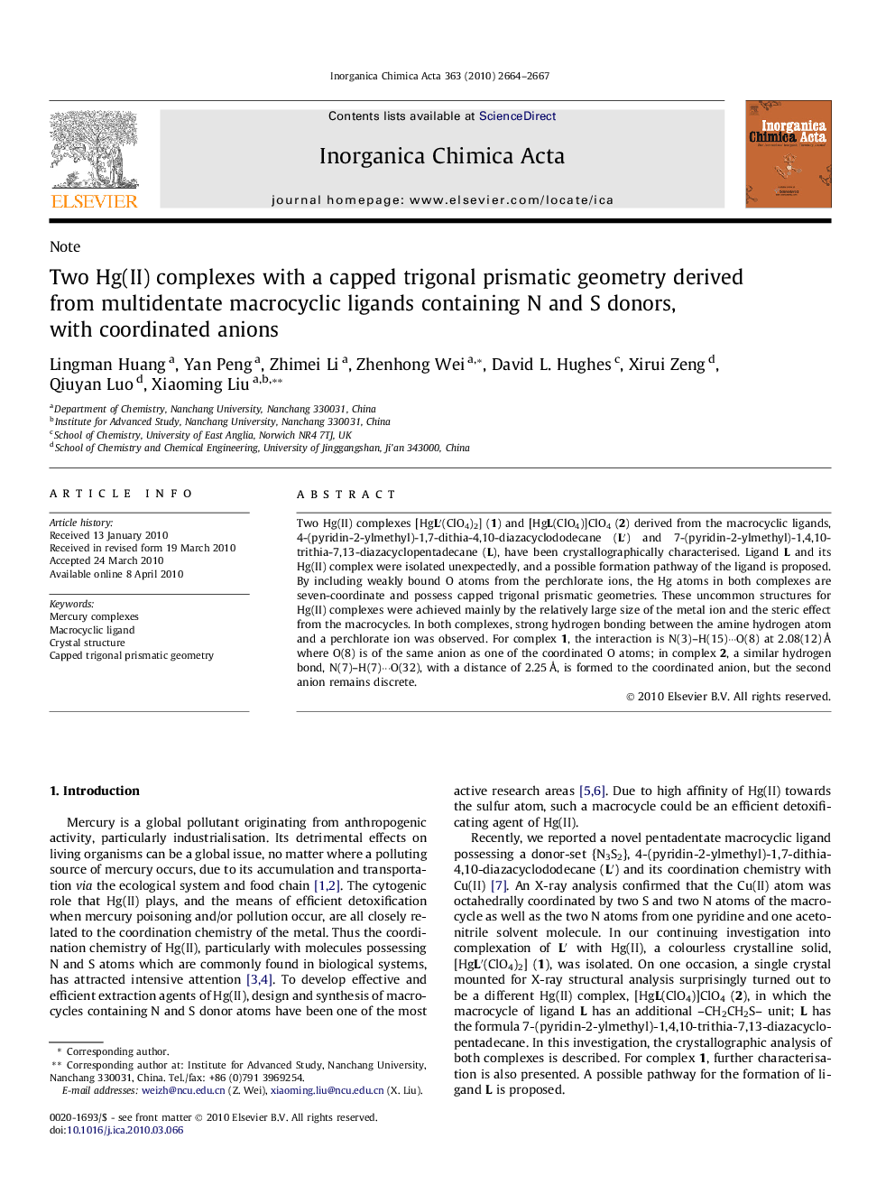 Two Hg(II) complexes with a capped trigonal prismatic geometry derived from multidentate macrocyclic ligands containing N and S donors, with coordinated anions