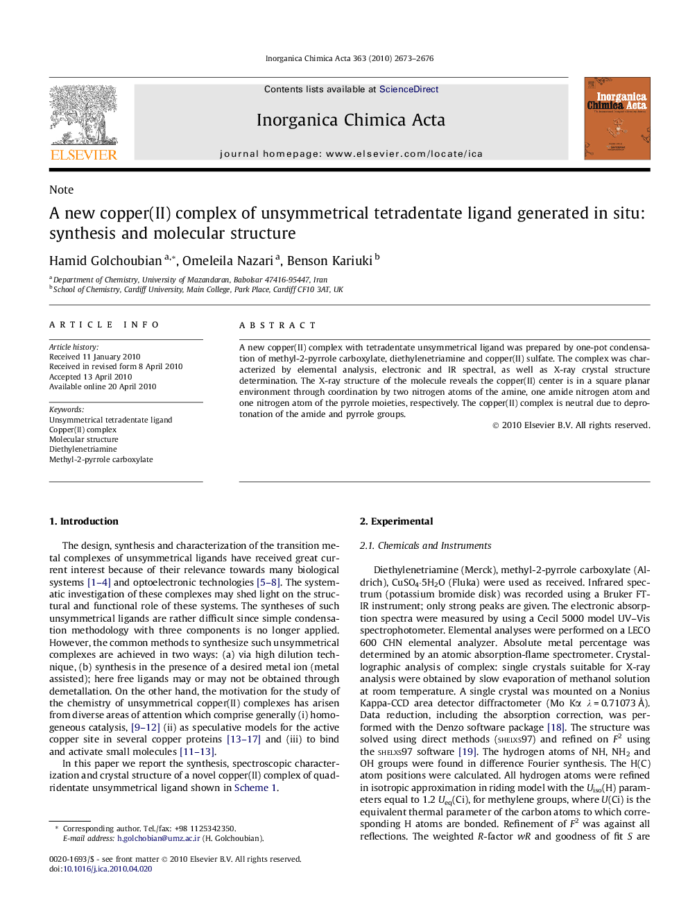 A new copper(II) complex of unsymmetrical tetradentate ligand generated in situ: synthesis and molecular structure