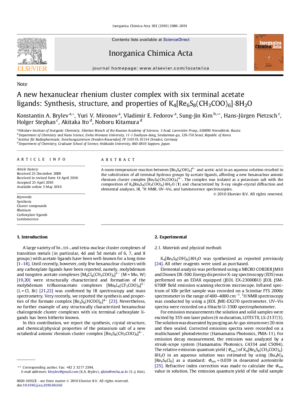 A new hexanuclear rhenium cluster complex with six terminal acetate ligands: Synthesis, structure, and properties of K4[Re6S8(CH3COO)6]Â·8H2O