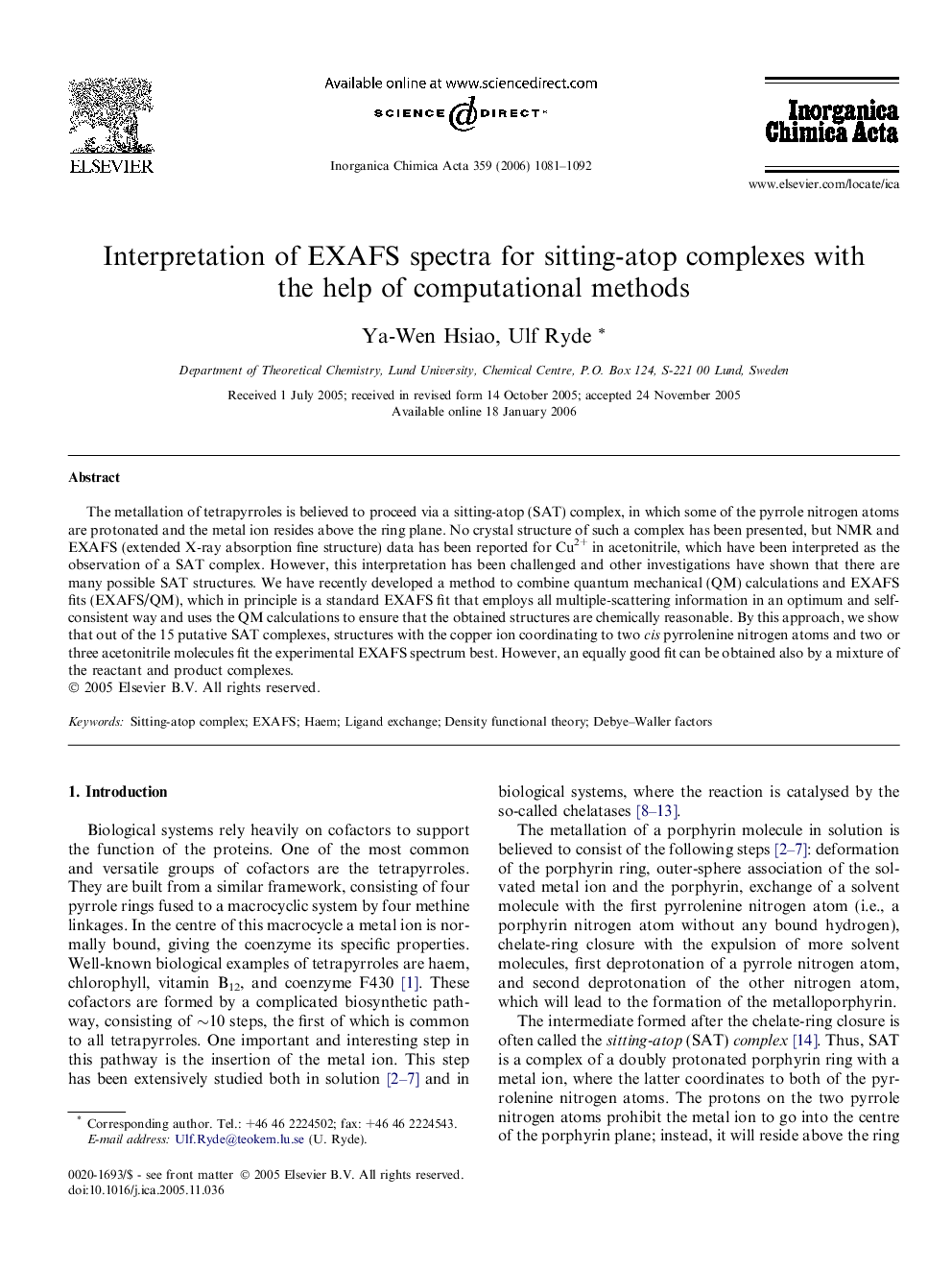 Interpretation of EXAFS spectra for sitting-atop complexes with the help of computational methods