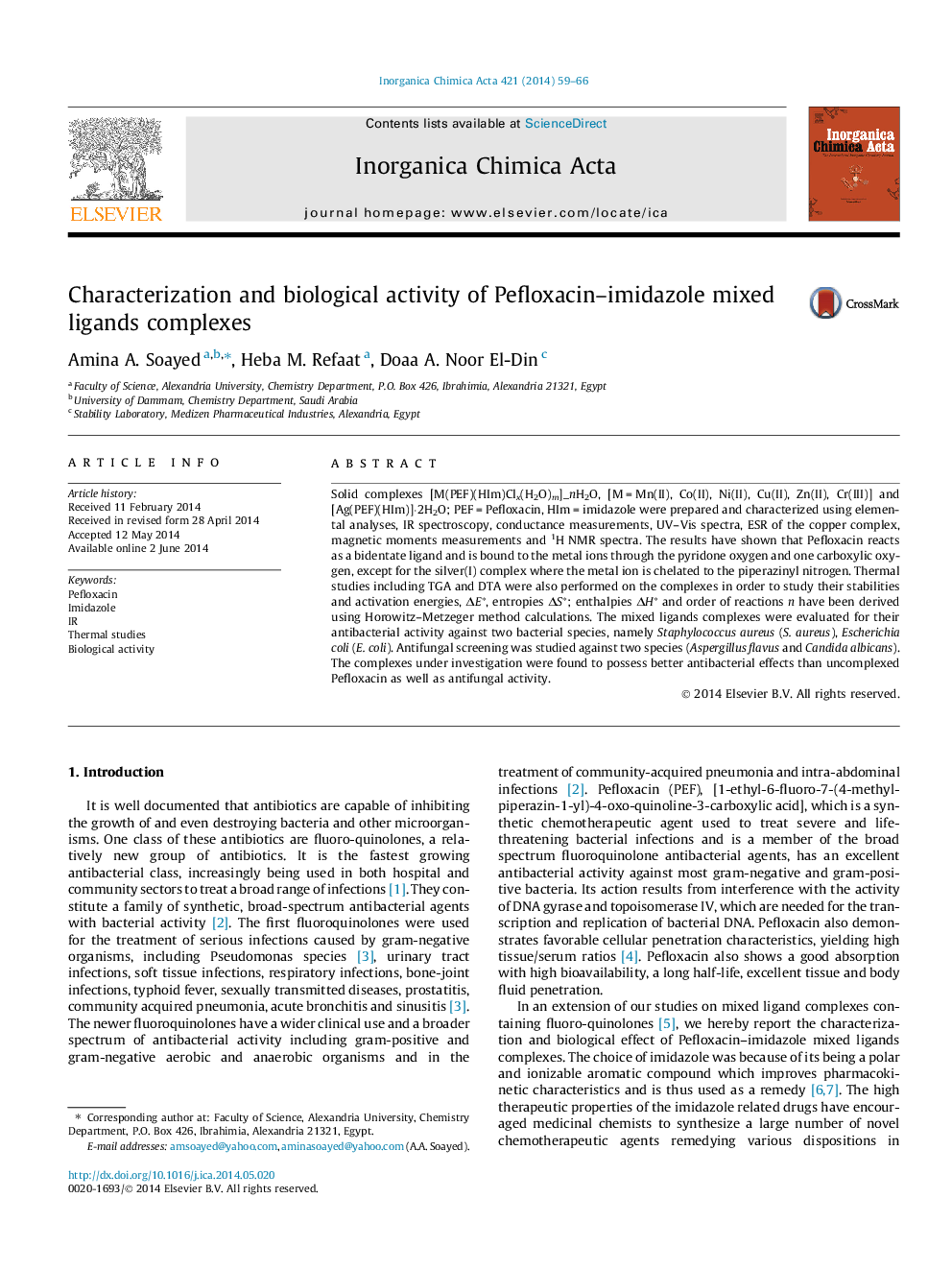 Characterization and biological activity of Pefloxacin–imidazole mixed ligands complexes