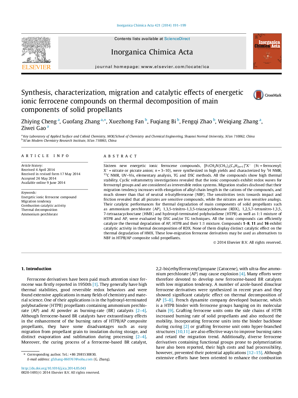عکس صفحه اول مقاله: Synthesis, characterization, migration and catalytic effects of energetic ionic ferrocene compounds on thermal decomposition of main components of solid propellants Synthesis, characterization, migration and catalytic effects of energetic ionic ferrocene compounds on thermal decomposition of main components of solid propellants