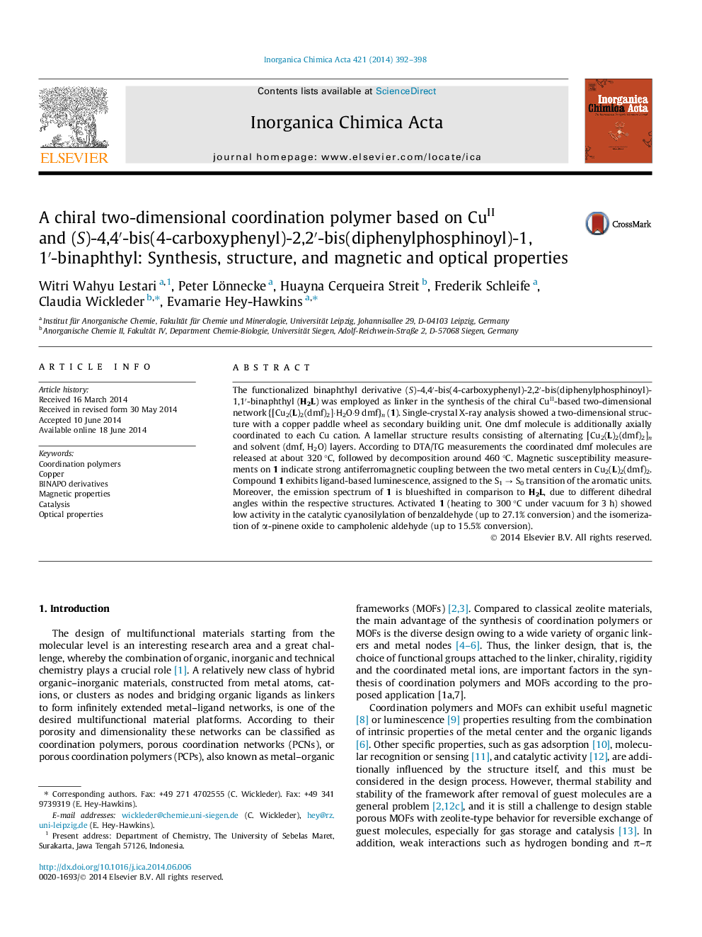 A chiral two-dimensional coordination polymer based on CuII and (S)-4,4′-bis(4-carboxyphenyl)-2,2′-bis(diphenylphosphinoyl)-1,1′-binaphthyl: Synthesis, structure, and magnetic and optical properties