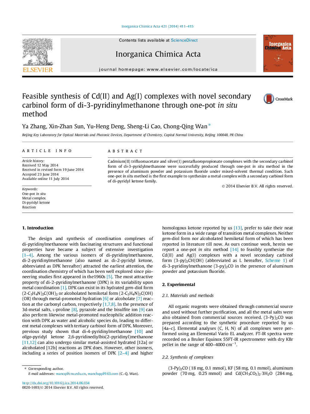 عکس صفحه اول مقاله: Feasible synthesis of Cd(II) and Ag(I) complexes with novel secondary carbinol form of di-3-pyridinylmethanone through one-pot insitu method Feasible synthesis of Cd(II) and Ag(I) complexes with novel secondary carbinol form of di-3-pyridinylmethanone through one-pot insitu method