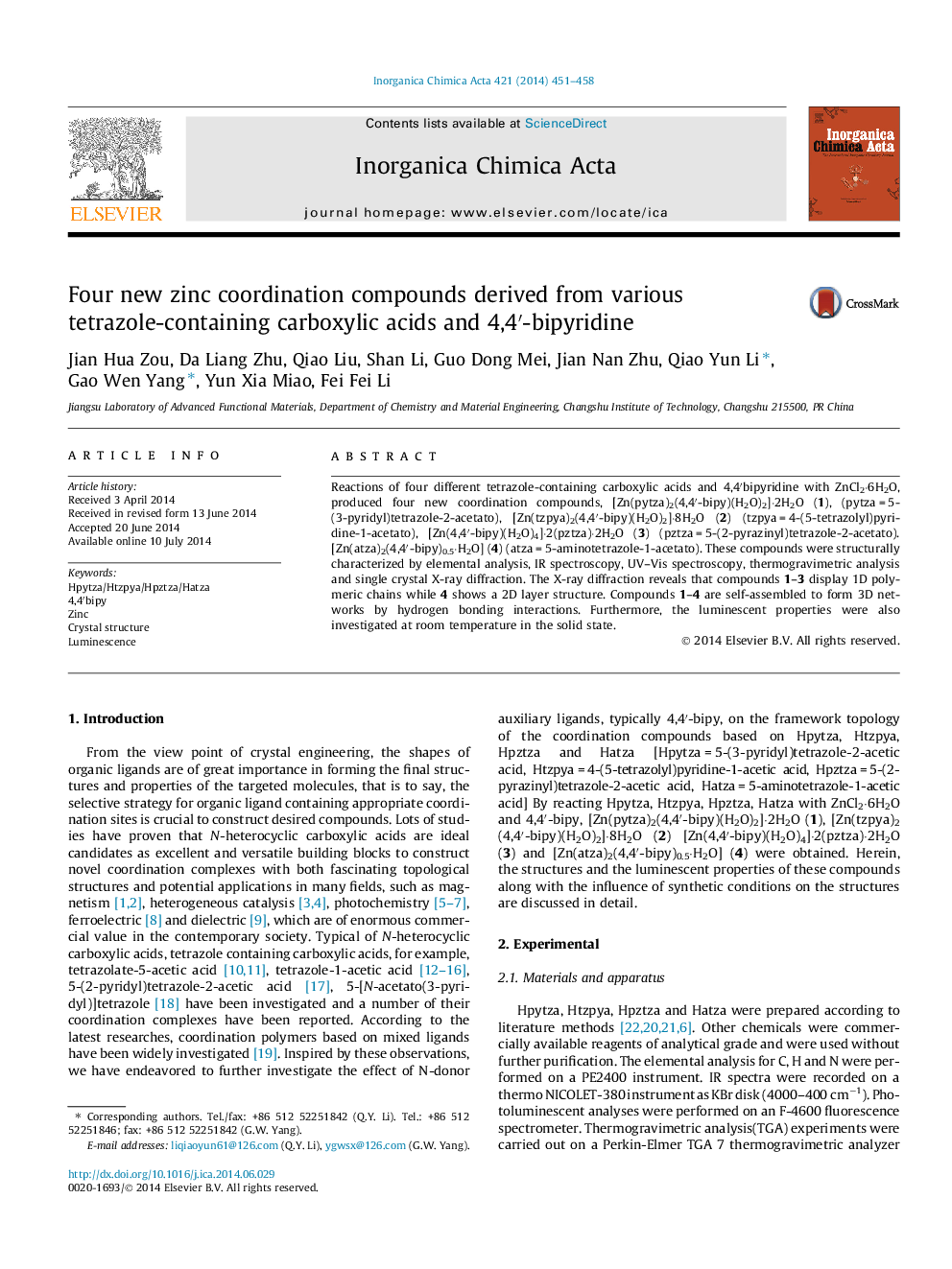 Four new zinc coordination compounds derived from various tetrazole-containing carboxylic acids and 4,4′-bipyridine