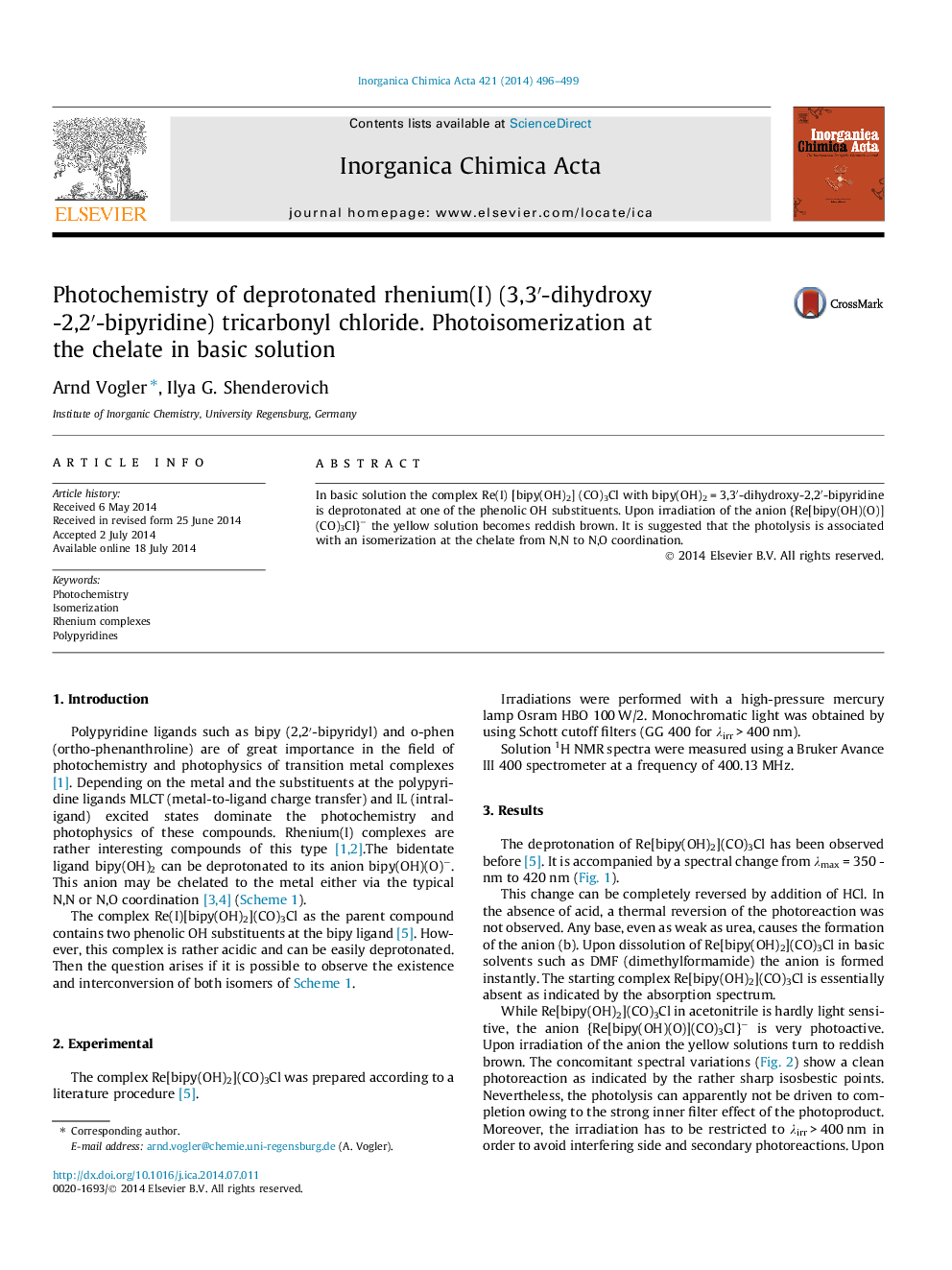 Photochemistry of deprotonated rhenium(I) (3,3′-dihydroxy-2,2′-bipyridine) tricarbonyl chloride. Photoisomerization at the chelate in basic solution