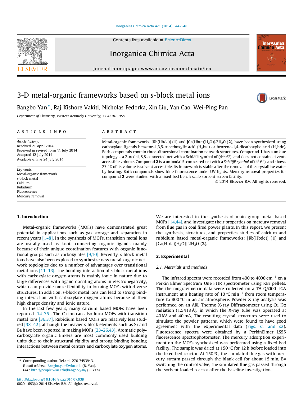 عکس صفحه اول مقاله: 3-D metal-organic frameworks based on s-block metal ions 3-D metal-organic frameworks based on s-block metal ions