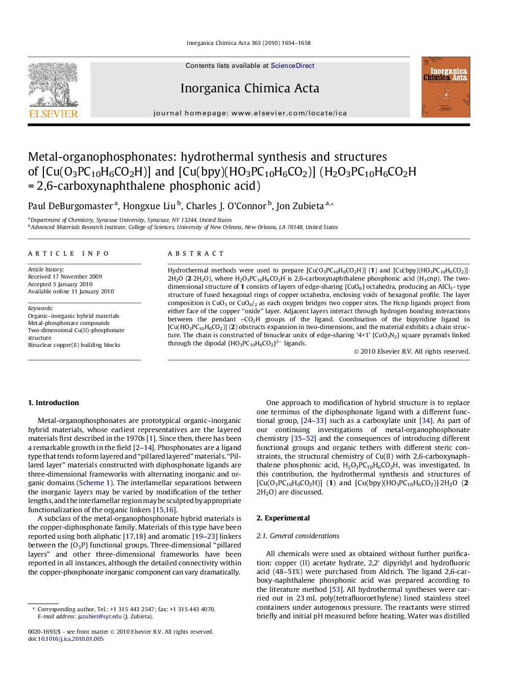 Metal-organophosphonates: hydrothermal synthesis and structures of [Cu(O3PC10H6CO2H)] and [Cu(bpy)(HO3PC10H6CO2)] (H2O3PC10H6CO2H = 2,6-carboxynaphthalene phosphonic acid)