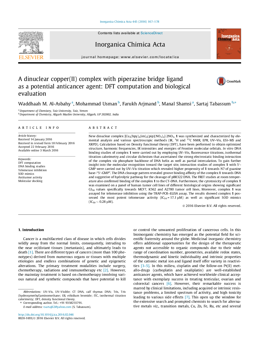 A dinuclear copper(II) complex with piperazine bridge ligand as a potential anticancer agent: DFT computation and biological evaluation