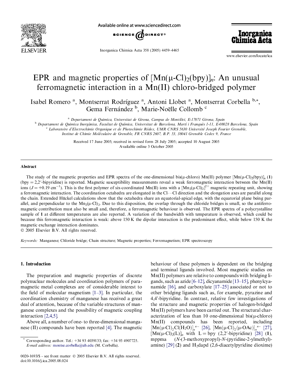 EPR and magnetic properties of [Mn(μ-Cl)2(bpy)]n: An unusual ferromagnetic interaction in a Mn(II) chloro-bridged polymer