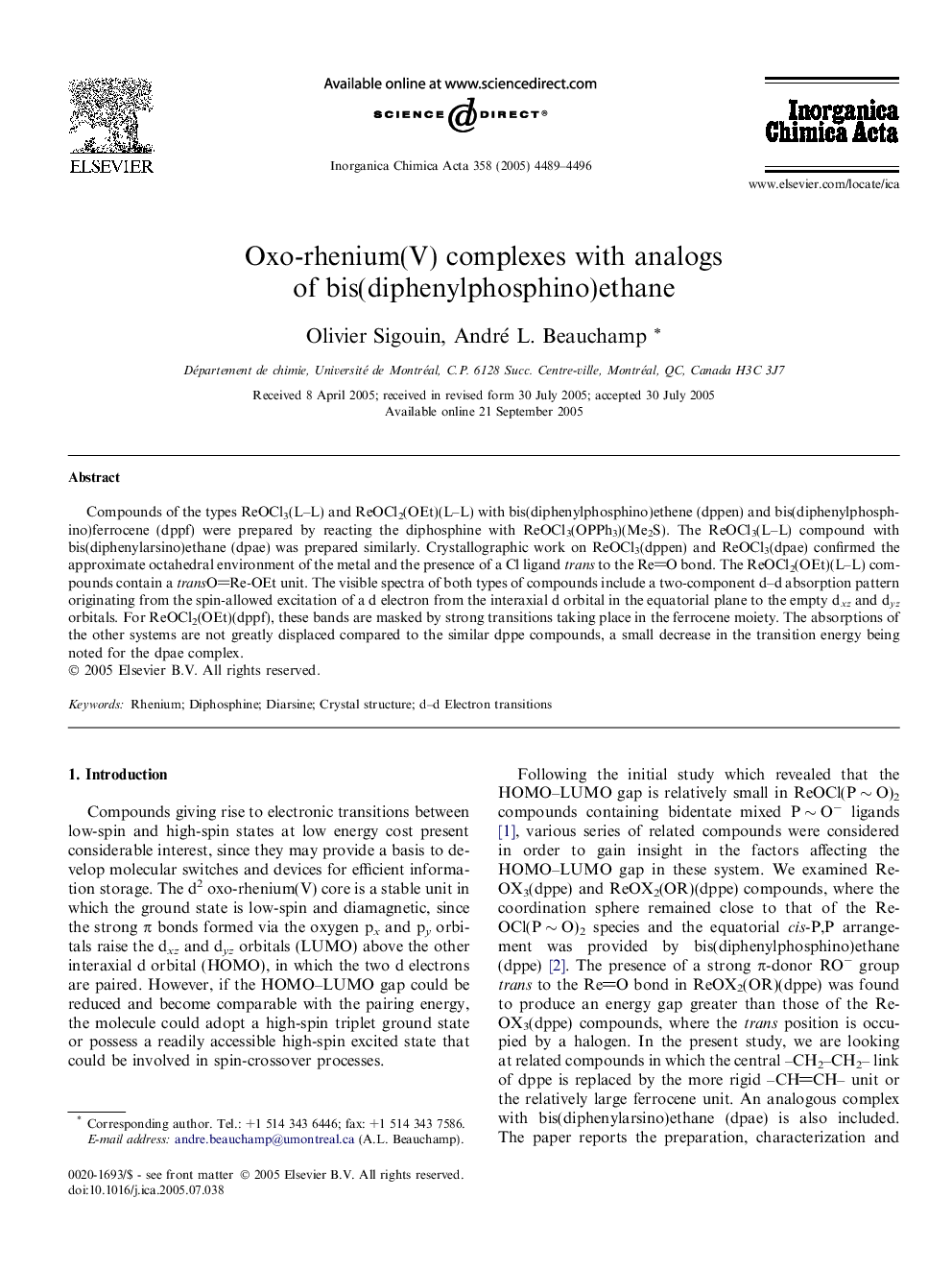 Oxo-rhenium(V) complexes with analogs of bis(diphenylphosphino)ethane