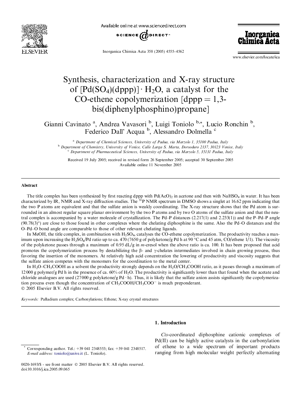 Synthesis, characterization and X-ray structure of [Pd(SO4)(dppp)] · H2O, a catalyst for the CO-ethene copolymerization [dppp = 1,3-bis(diphenylphosphino)propane]
