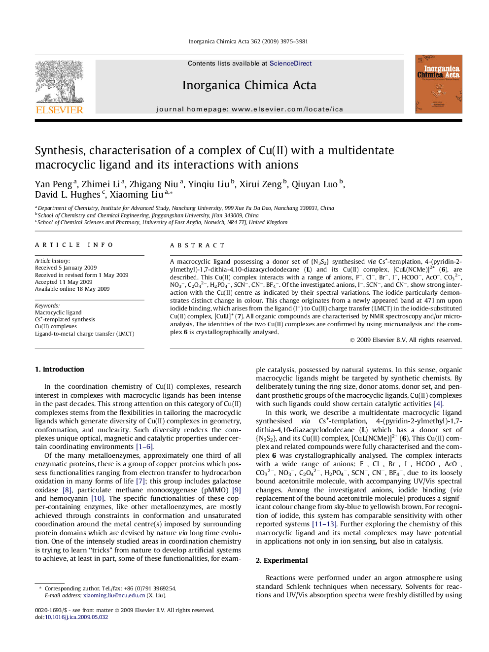 Synthesis, characterisation of a complex of Cu(II) with a multidentate macrocyclic ligand and its interactions with anions