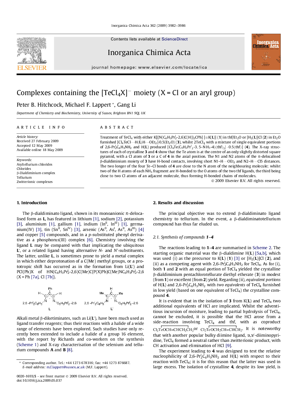 Complexes containing the [TeCl4X]− moiety (X = Cl or an aryl group)