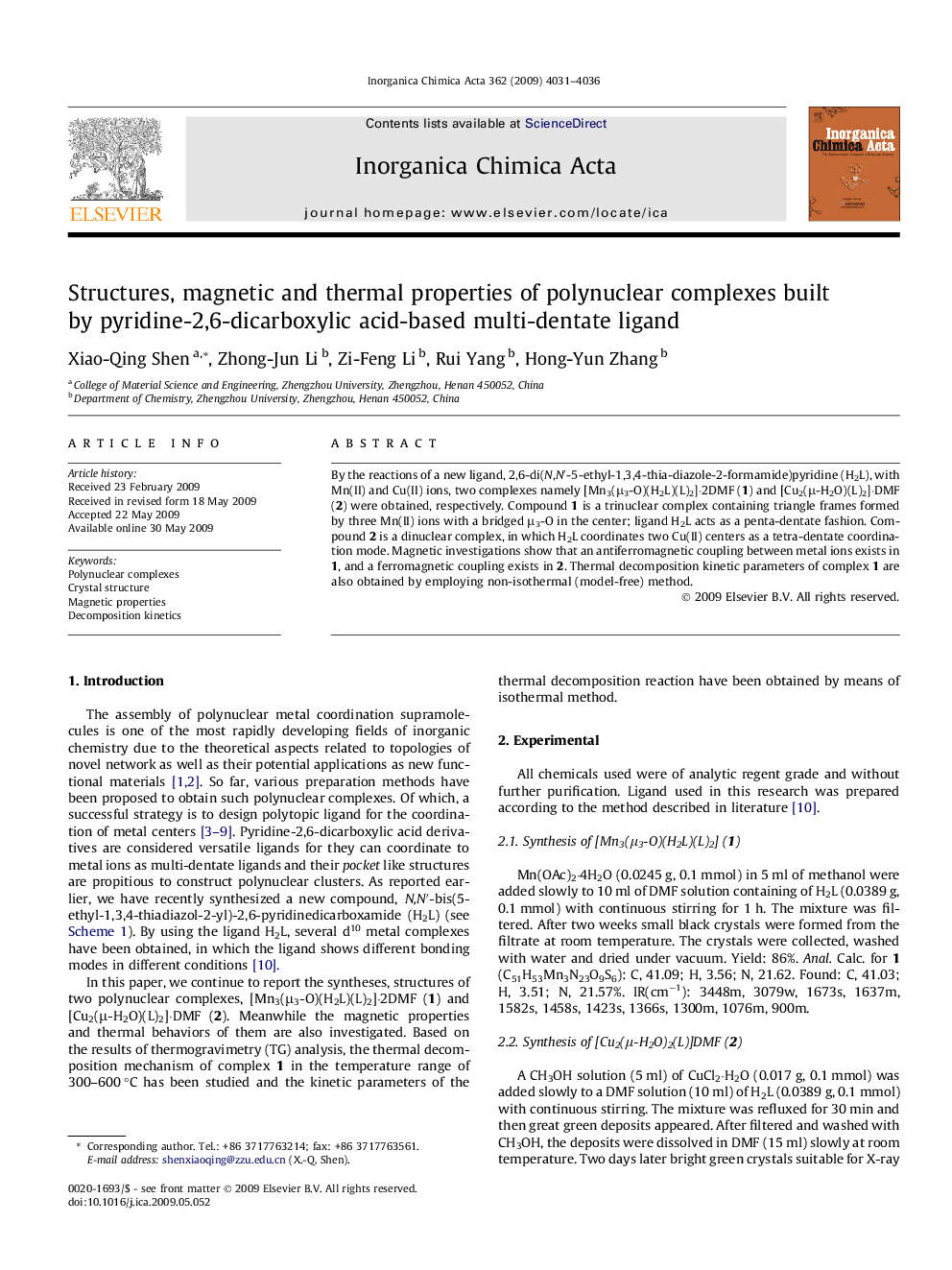 Structures, magnetic and thermal properties of polynuclear complexes built by pyridine-2,6-dicarboxylic acid-based multi-dentate ligand