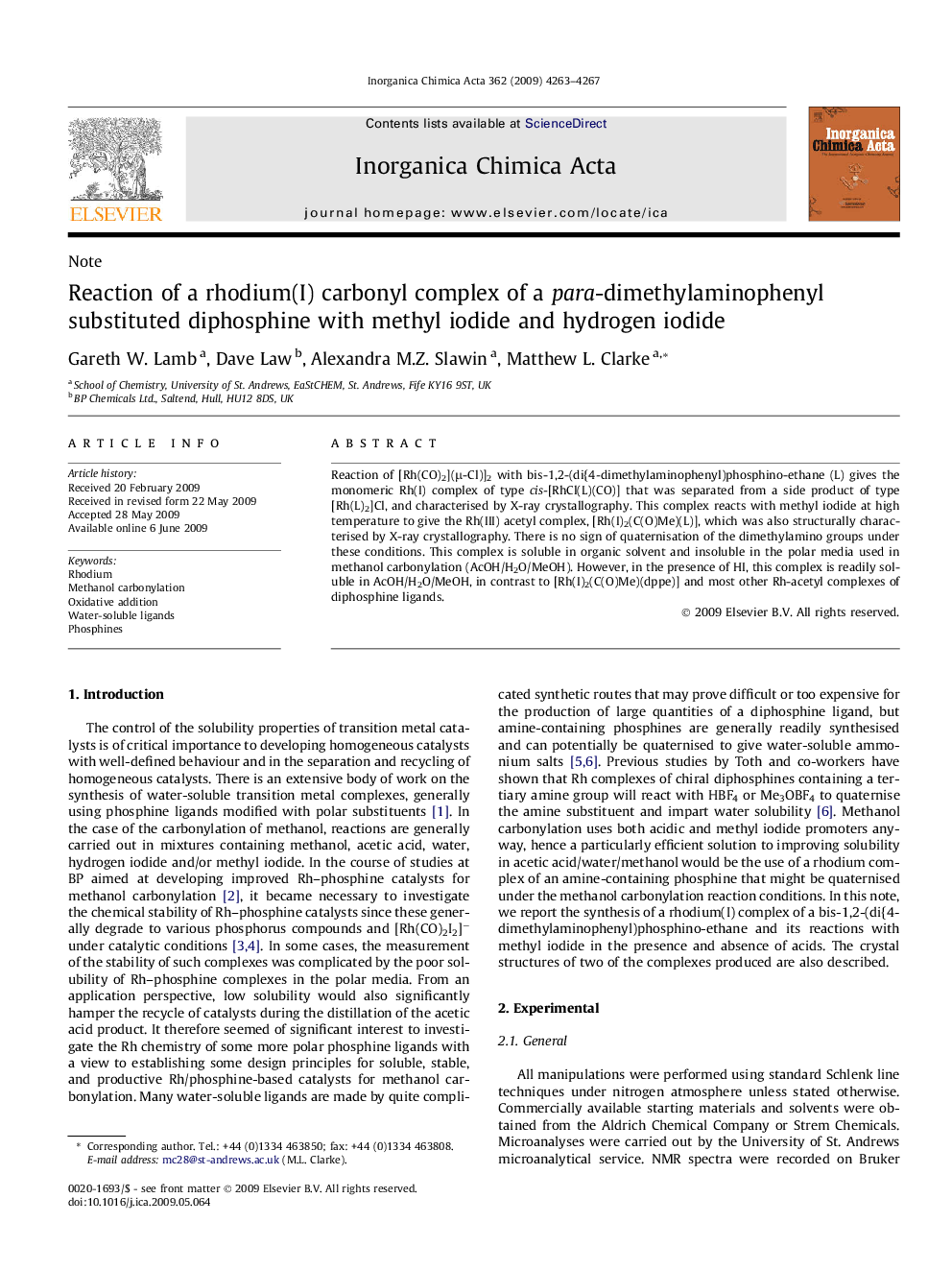 Reaction of a rhodium(I) carbonyl complex of a para-dimethylaminophenyl substituted diphosphine with methyl iodide and hydrogen iodide