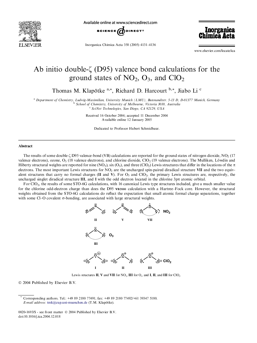 Ab initio double-ζ (D95) valence bond calculations for the ground states of NO2, O3, and ClO2