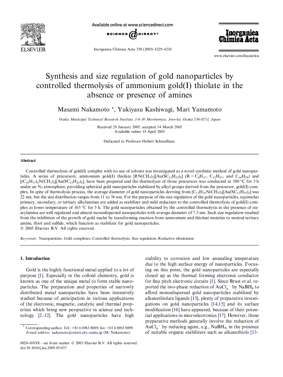 Synthesis and size regulation of gold nanoparticles by controlled thermolysis of ammonium gold(I) thiolate in the absence or presence of amines