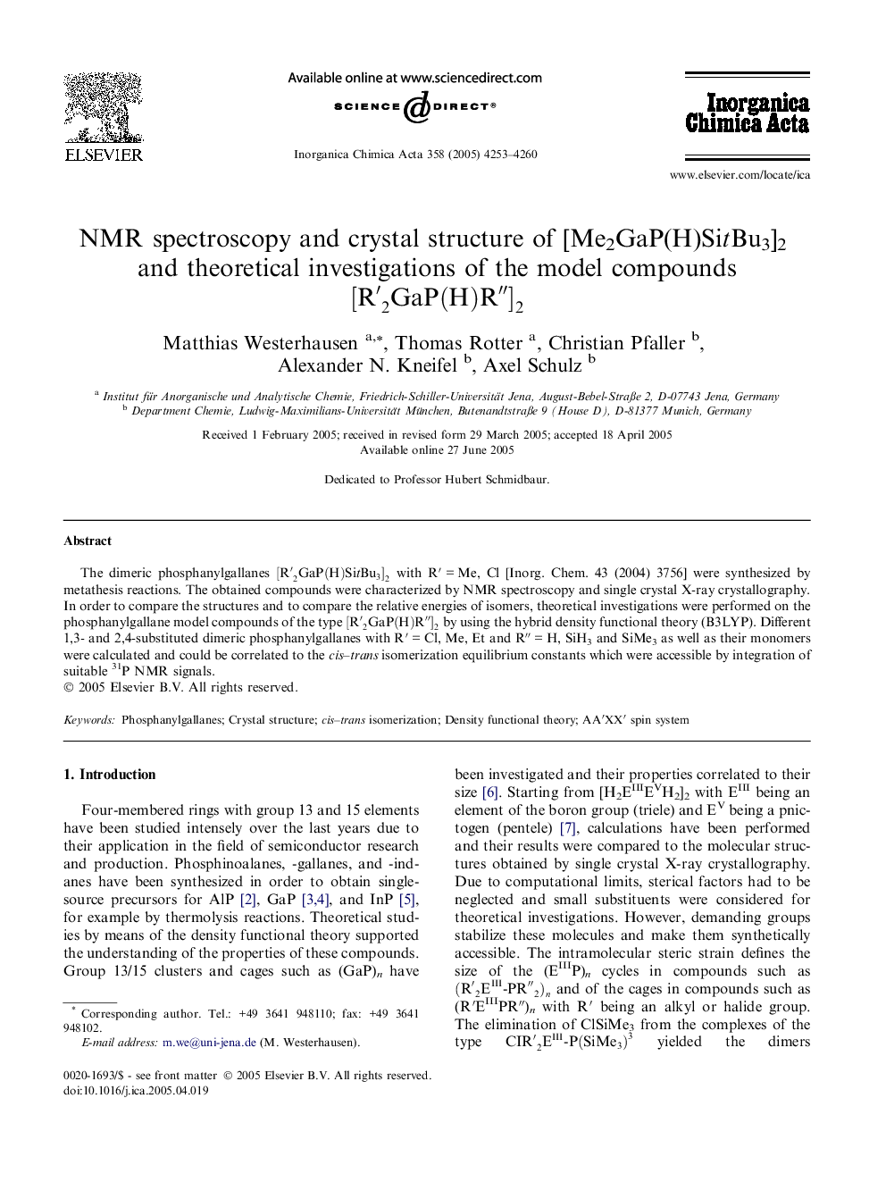 NMR spectroscopy and crystal structure of [Me2GaP(H)SitBu3]2 and theoretical investigations of the model compounds [R′2GaP(H)R″]2