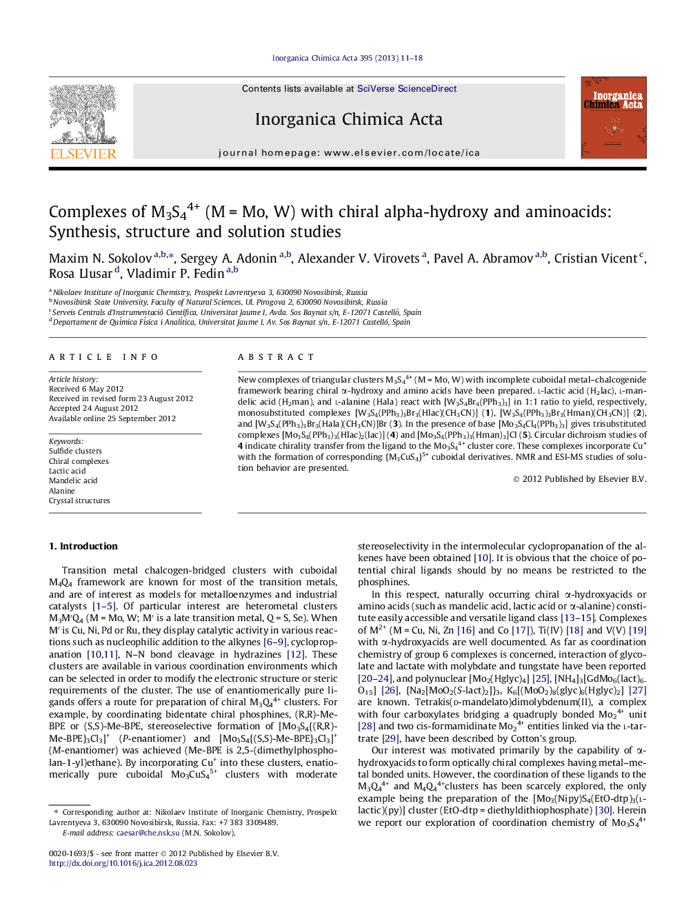 Complexes of M3S44+ (M = Mo, W) with chiral alpha-hydroxy and aminoacids: Synthesis, structure and solution studies