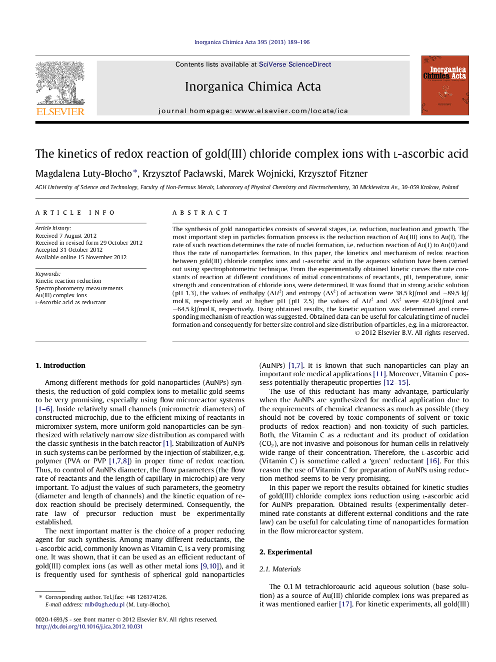 The kinetics of redox reaction of gold(III) chloride complex ions with l-ascorbic acid