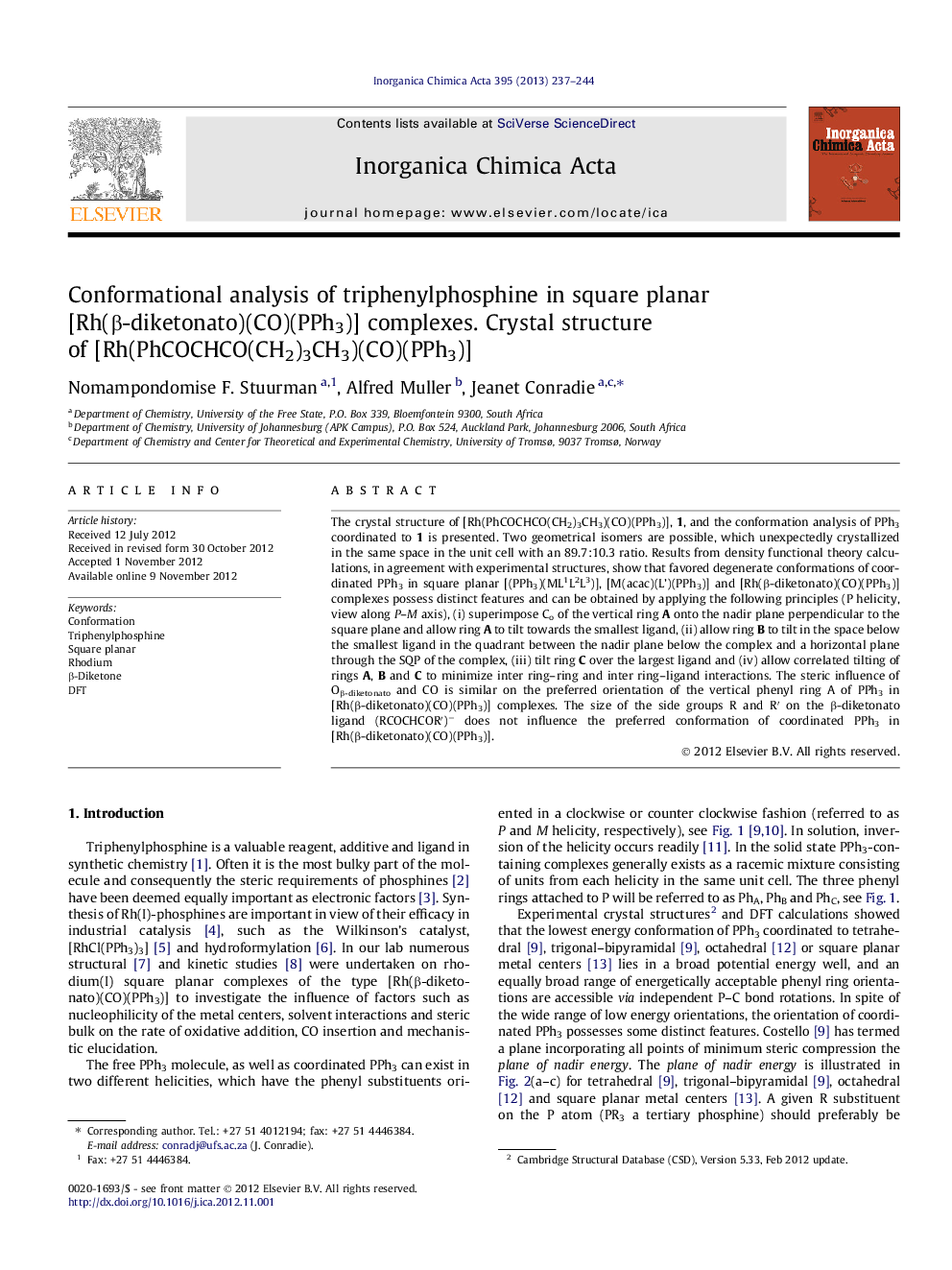 Conformational analysis of triphenylphosphine in square planar [Rh(β-diketonato)(CO)(PPh3)] complexes. Crystal structure of [Rh(PhCOCHCO(CH2)3CH3)(CO)(PPh3)]