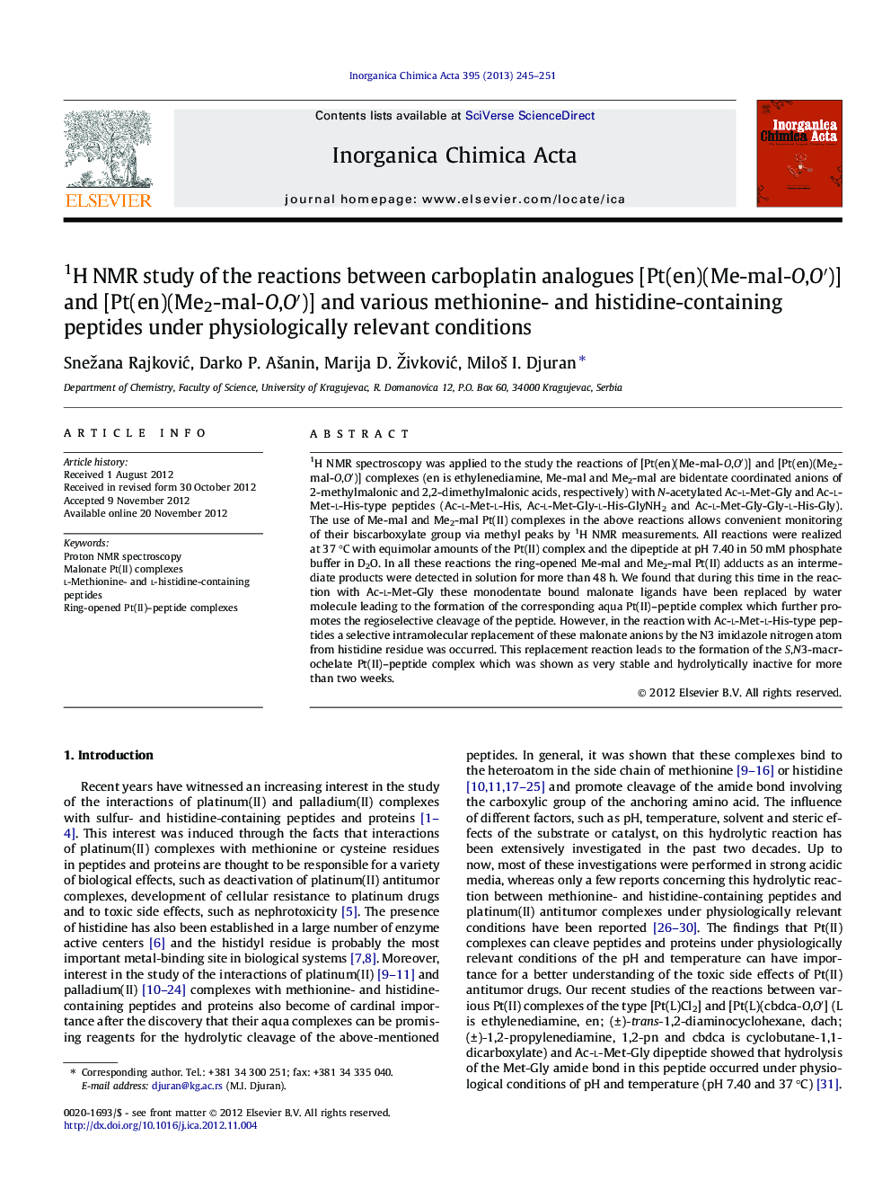 1H NMR study of the reactions between carboplatin analogues [Pt(en)(Me-mal-O,O′)] and [Pt(en)(Me2-mal-O,O′)] and various methionine- and histidine-containing peptides under physiologically relevant conditions