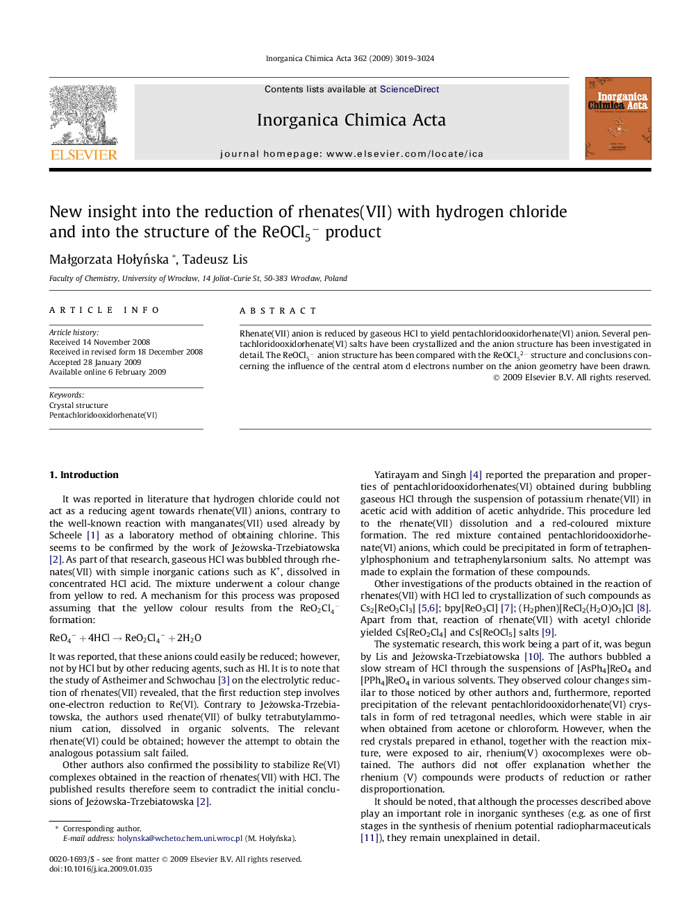 New insight into the reduction of rhenates(VII) with hydrogen chloride and into the structure of the ReOCl5- product