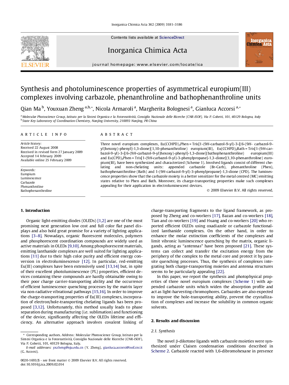 Synthesis and photoluminescence properties of asymmetrical europium(III) complexes involving carbazole, phenanthroline and bathophenanthroline units