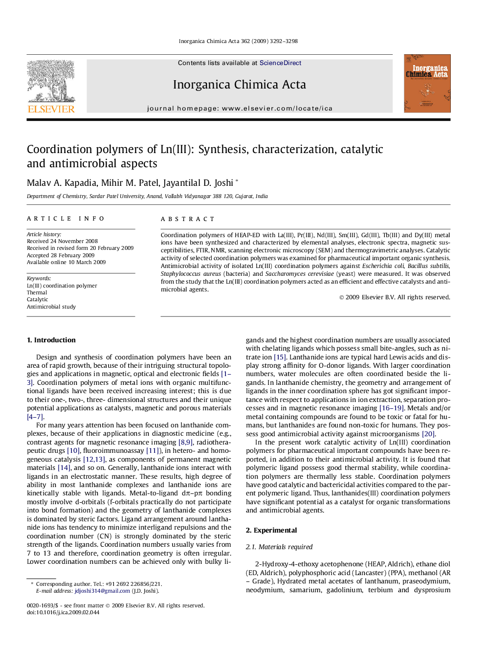 Coordination polymers of Ln(III): Synthesis, characterization, catalytic and antimicrobial aspects