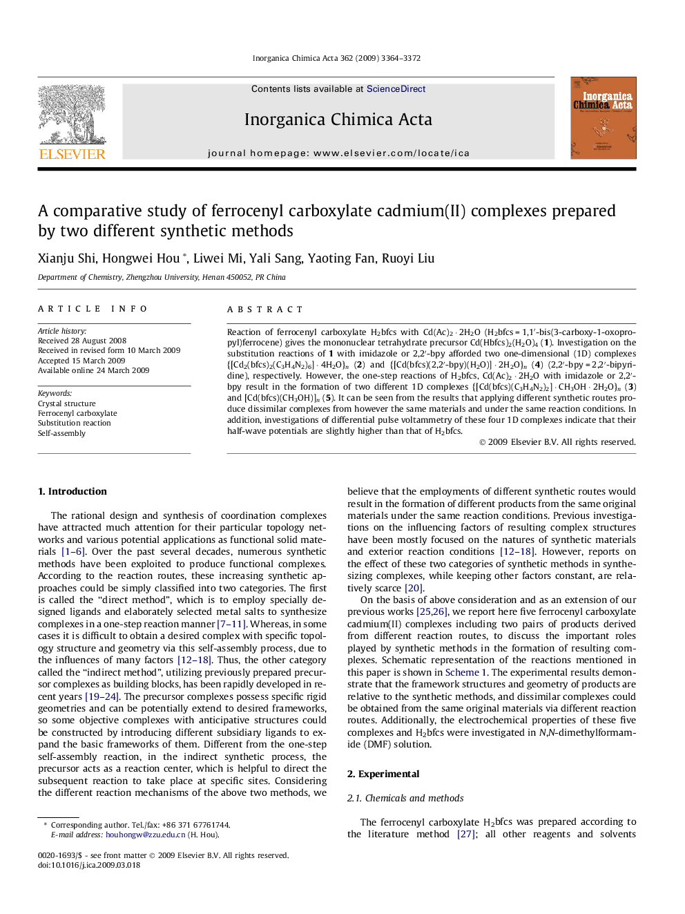 A comparative study of ferrocenyl carboxylate cadmium(II) complexes prepared by two different synthetic methods