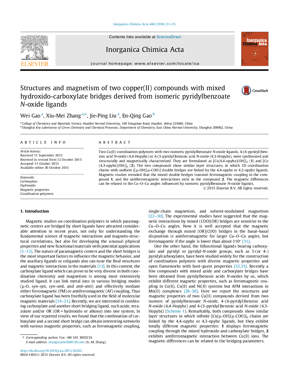 Structures and magnetism of two copper(II) compounds with mixed hydroxido-carboxylate bridges derived from isomeric pyridylbenzoate N-oxide ligands