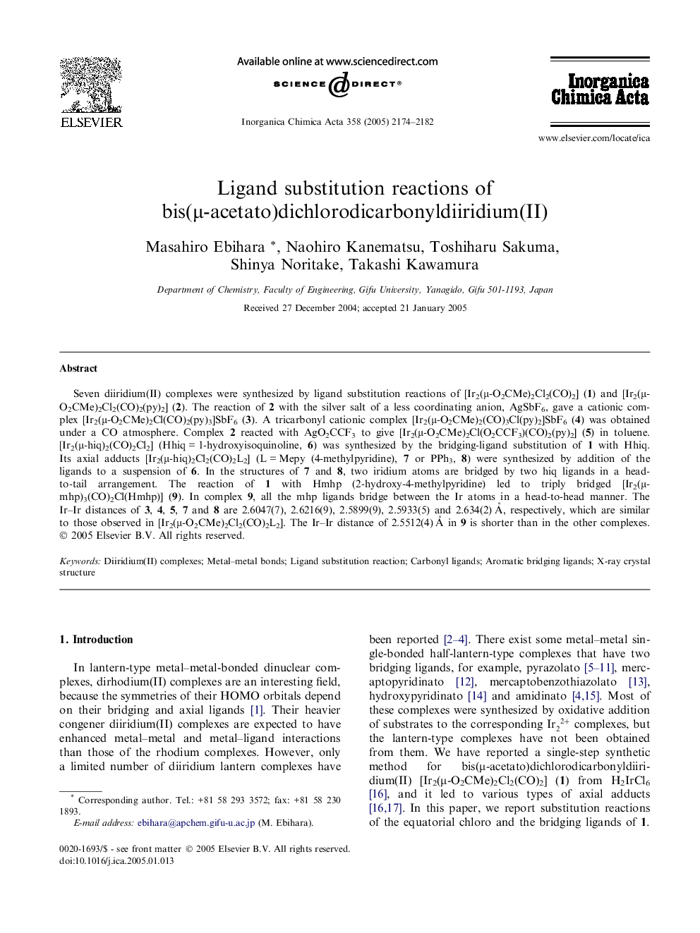 Ligand substitution reactions of bis(μ-acetato)dichlorodicarbonyldiiridium(II)