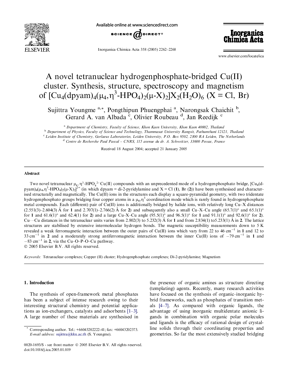 A novel tetranuclear hydrogenphosphate-bridged Cu(II) cluster. Synthesis, structure, spectroscopy and magnetism of [Cu4(dpyam)4(Î¼4,Î·3-HPO4)2(Î¼-X)2]X2(H2O)6 (XÂ =Â Cl, Br)