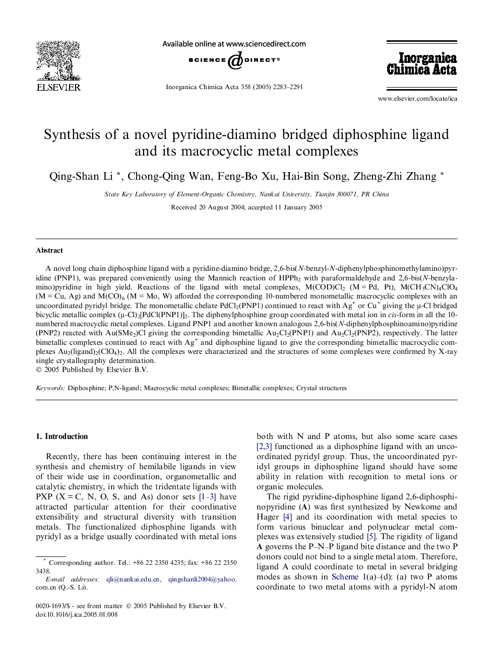 Synthesis of a novel pyridine-diamino bridged diphosphine ligand and its macrocyclic metal complexes